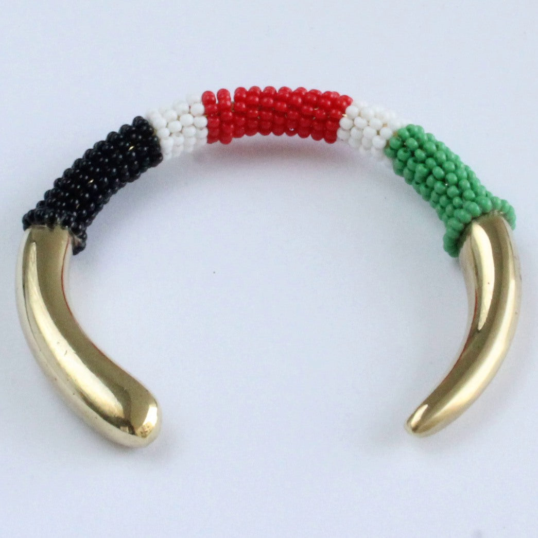 African handmade brass bracelet with black white red green beads