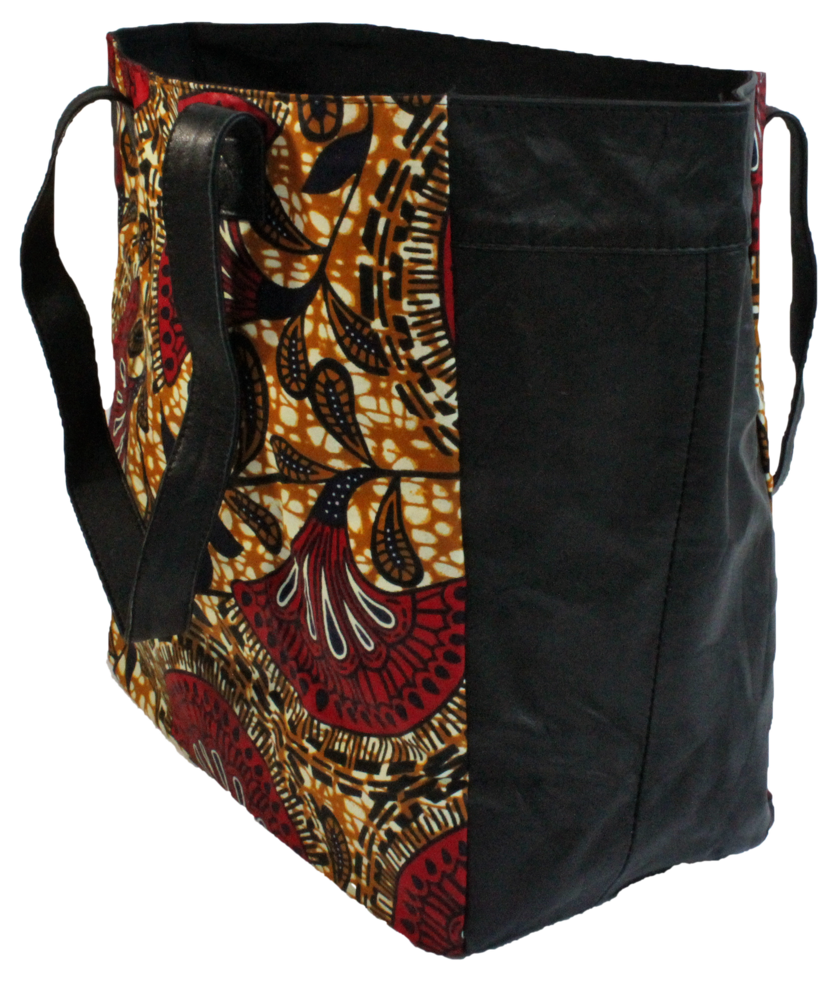 Handmade tote bag, upcycled leather, African print, Kitenge fashion, Ankara fashion, black leather