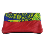 Handmade African coin purse, upcycled leather, African print, Kitenge fashion, Ankara fashion, red front
