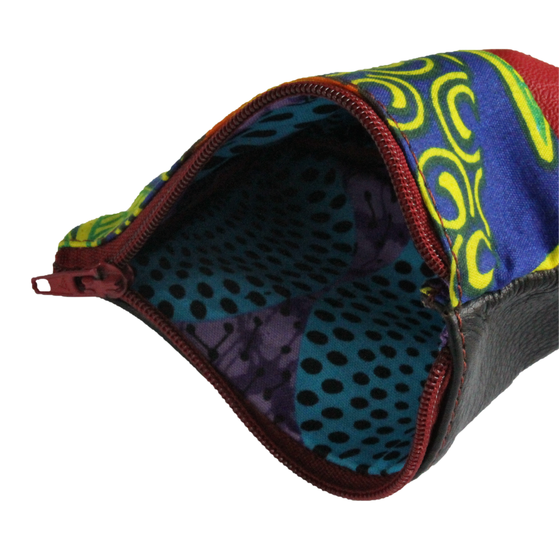 Handmade African coin purse, upcycled leather, African print, Kitenge fashion, Ankara fashion, blue lining