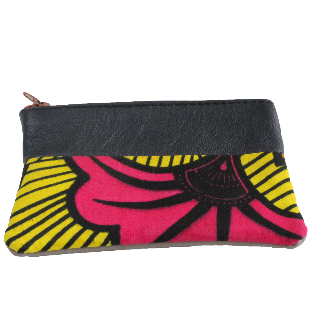 Handmade African coin purse, upcycled leather, African print, Kitenge fashion, Ankara fashion, pink flower, front