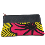 Handmade African coin purse, upcycled leather, African print, Kitenge fashion, Ankara fashion, pink flower, front