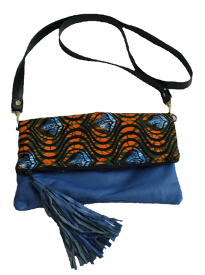 Handmade crossbody bag, upcycled leather, African print, Kitenge fashion, Ankara fashion, blue, with strap