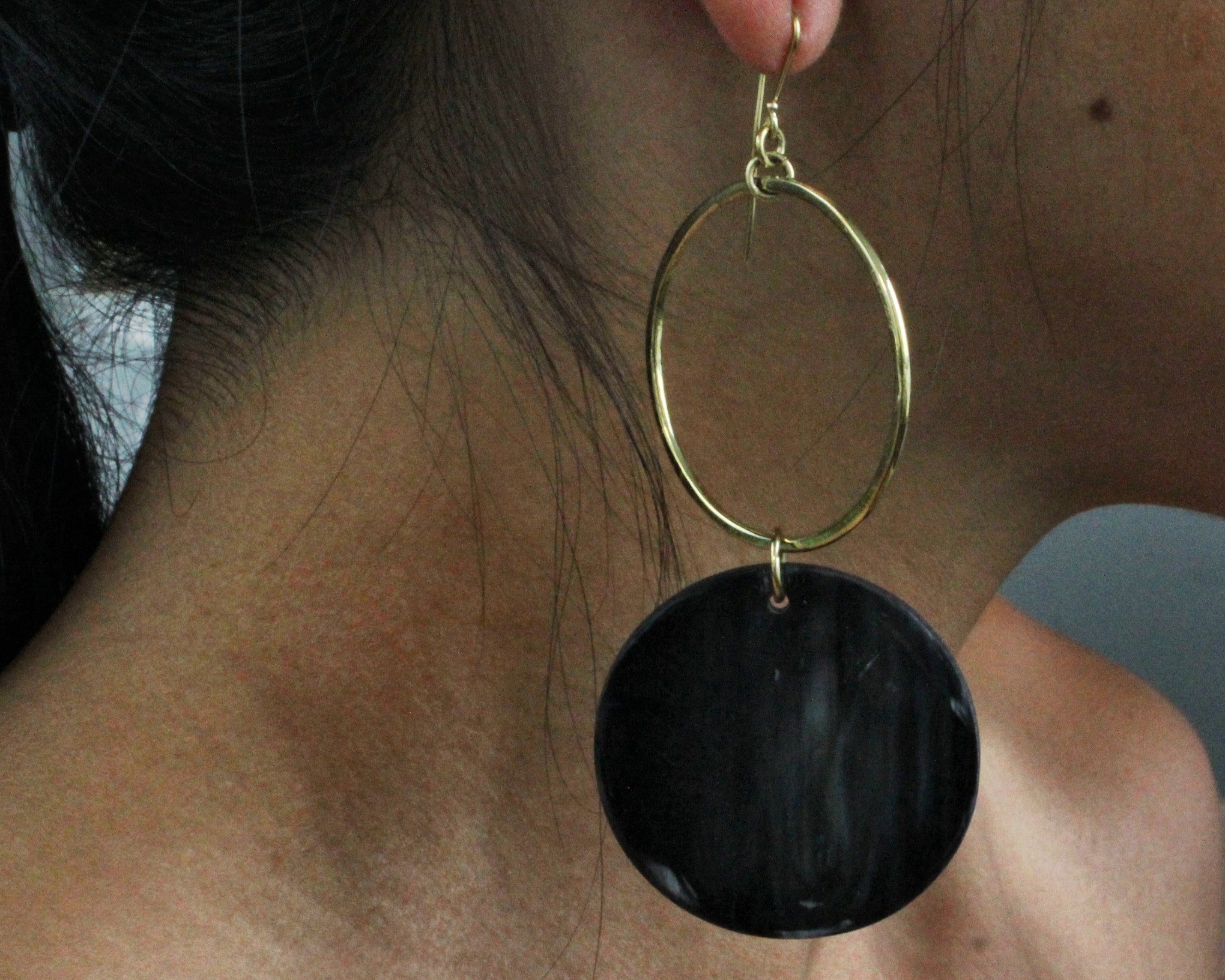 Handmade earrings, brass and bone, black, recycled, upcycled, hanging from ear, African