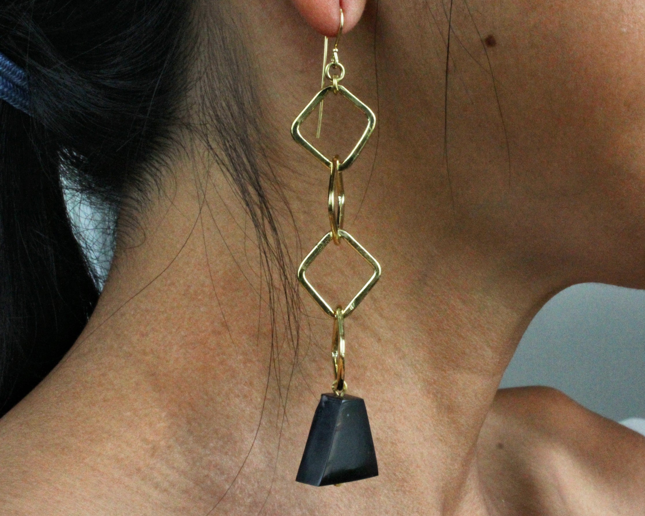 Handmade earrings, brass chain, black bell, cowhorn, recycled, upcycled, hanging from ear