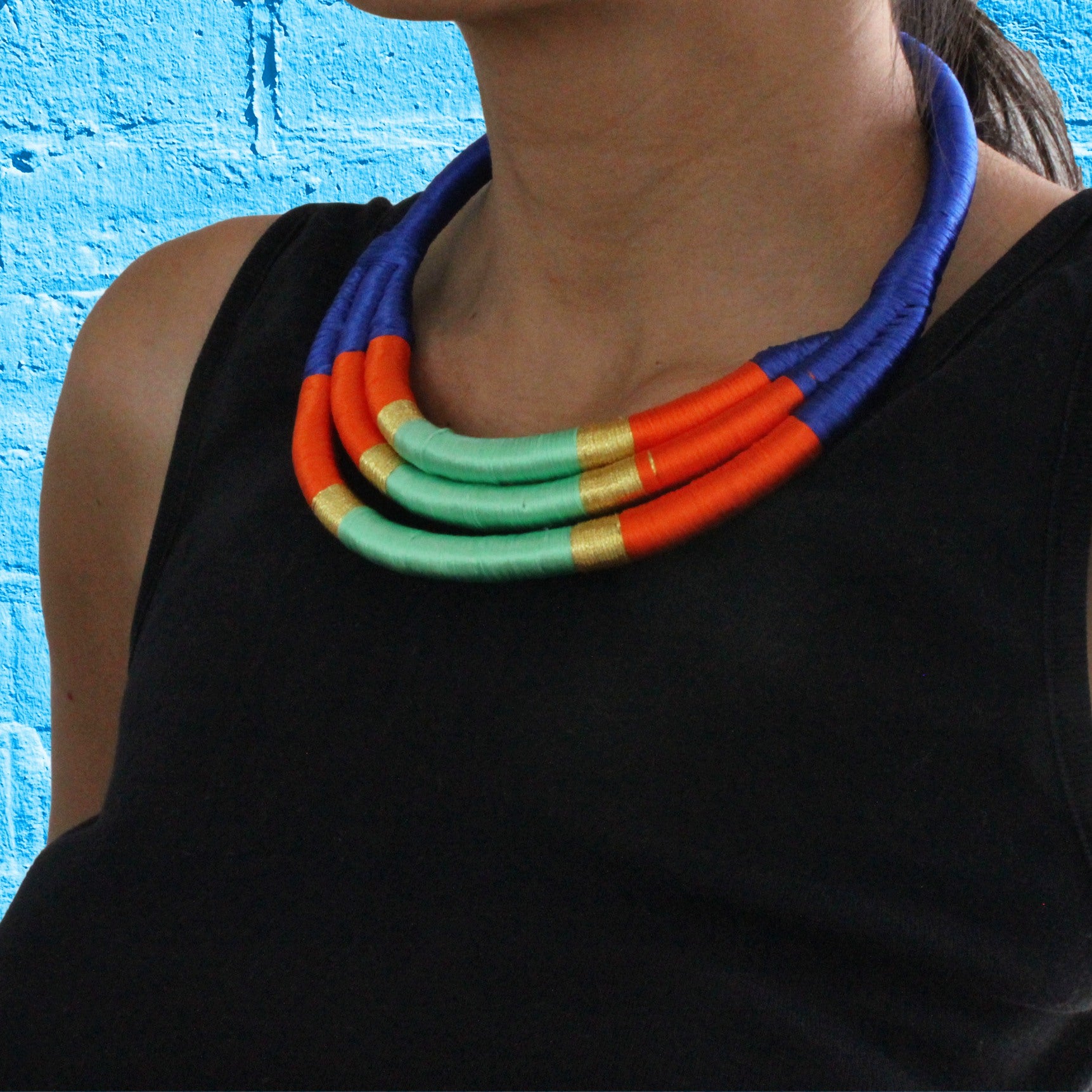 African handmade silk necklace, multicoloured, neck