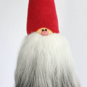 Handmade Santa, red cap, black and white beard, sheepskin, clay nose