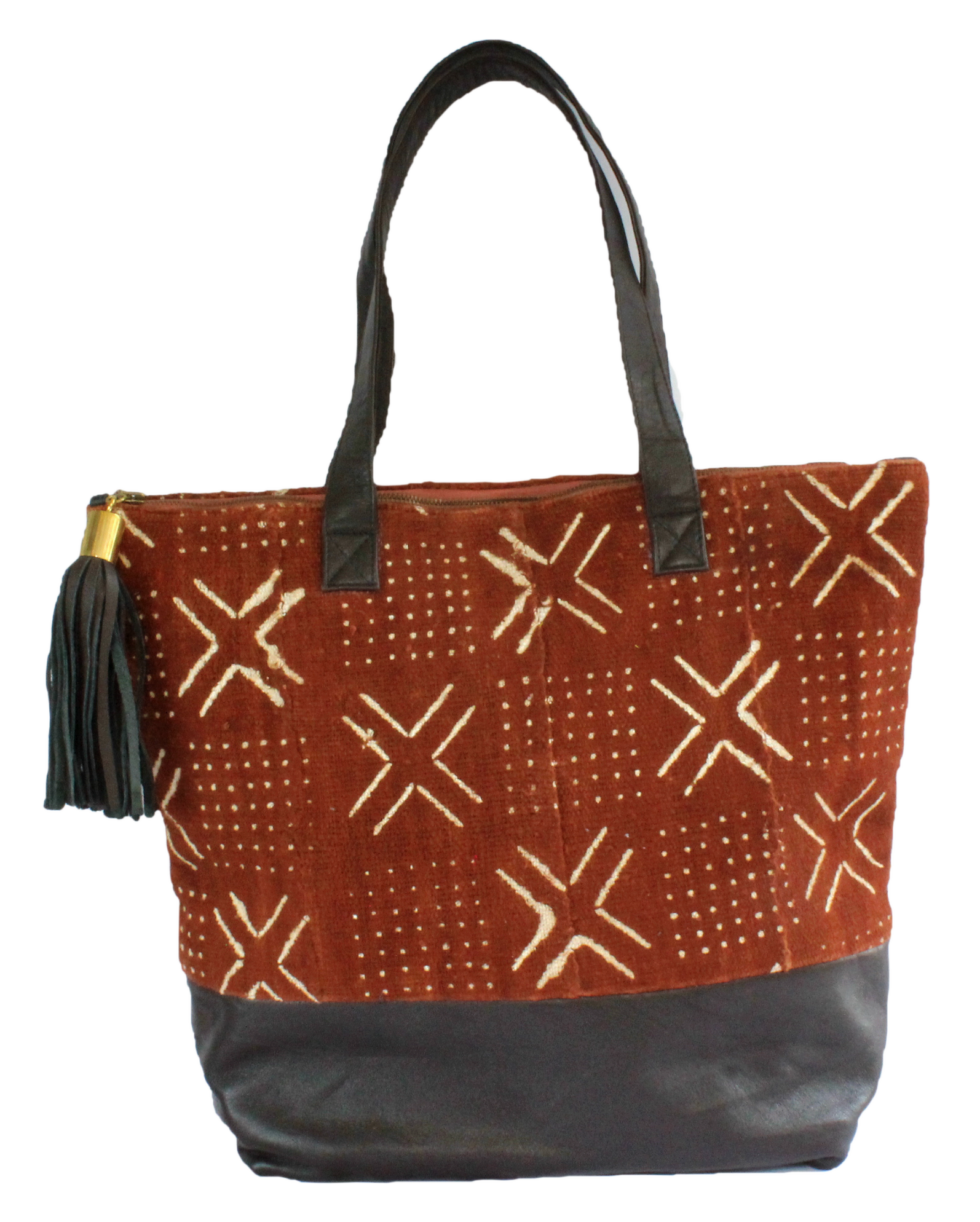 Handmade tote bag, upcycled leather, African print, Kitenge fashion, Ankara fashion, brown mud cloth