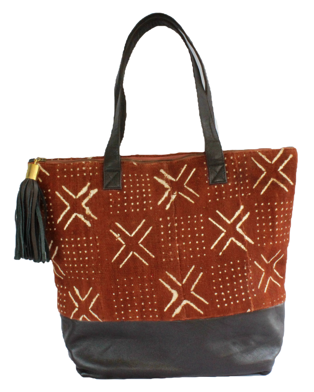 Handmade tote bag, upcycled leather, African print, Kitenge fashion, Ankara fashion, brown mud cloth