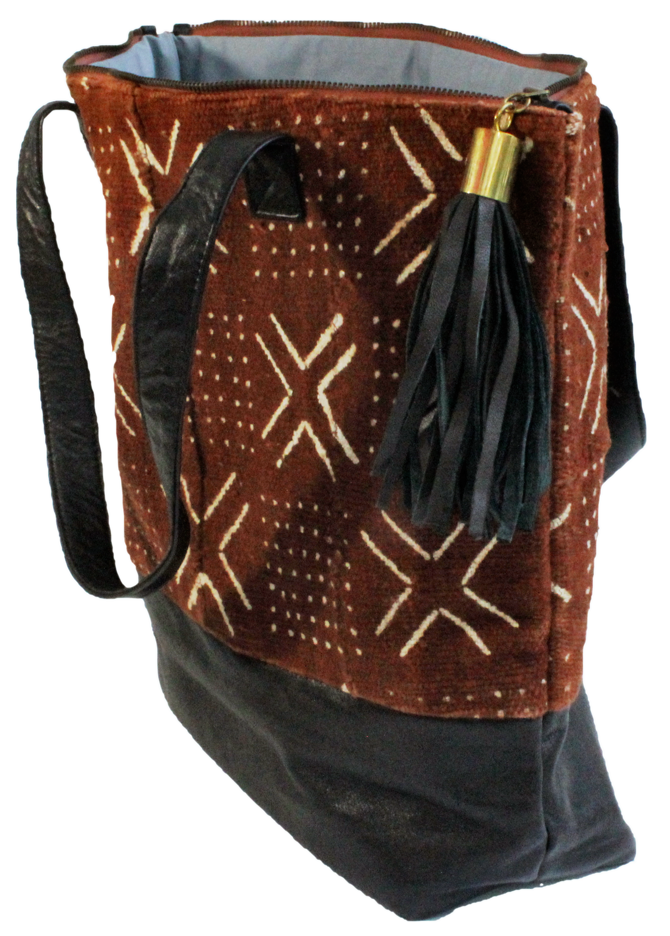 Handmade tote bag, upcycled leather, African print, Kitenge fashion, Ankara fashion, brown, mud cloth, side
