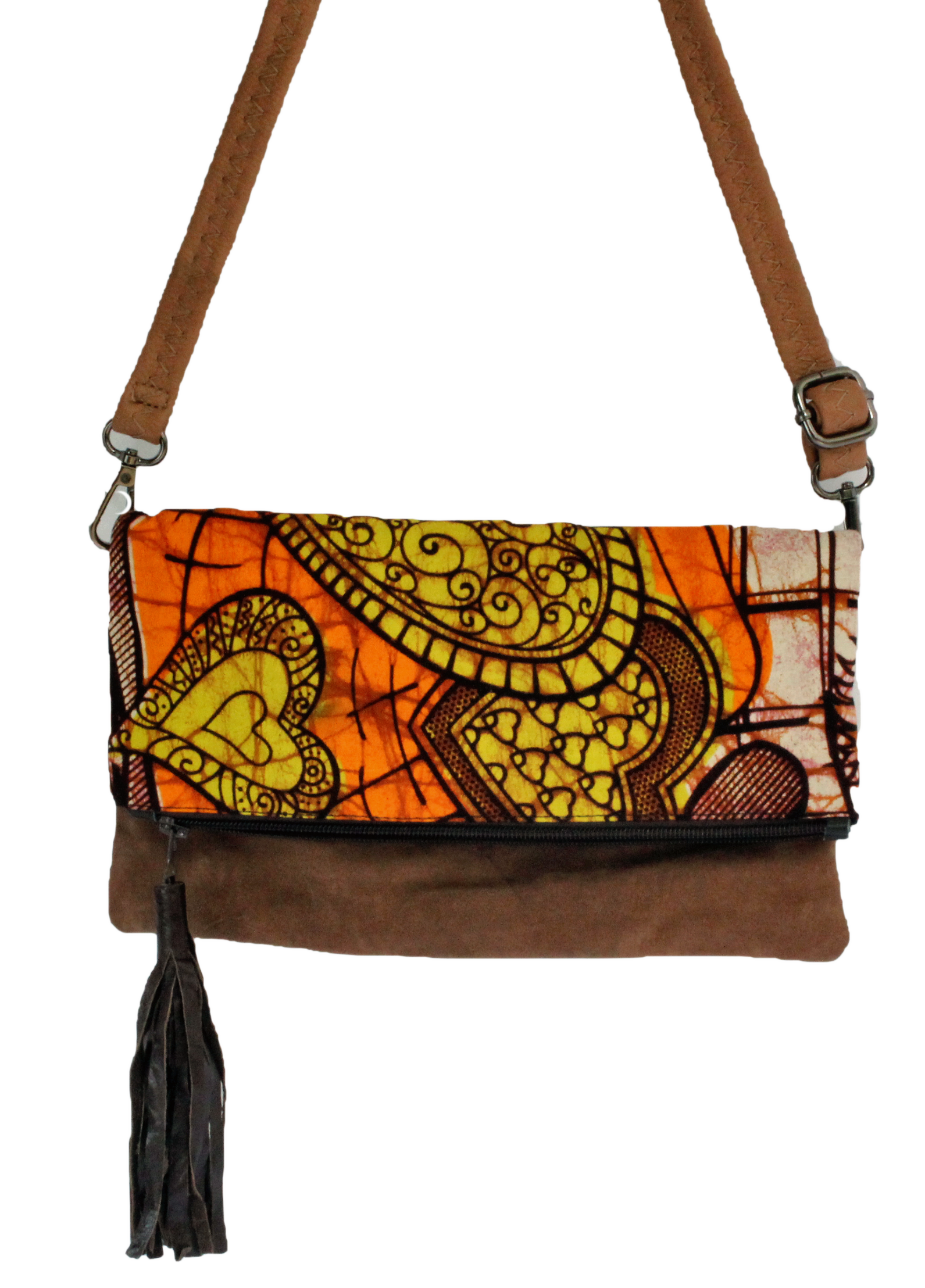 Handmade crossbody bag, upcycled leather, African print, Kitenge fashion, Ankara fashion, brown suede