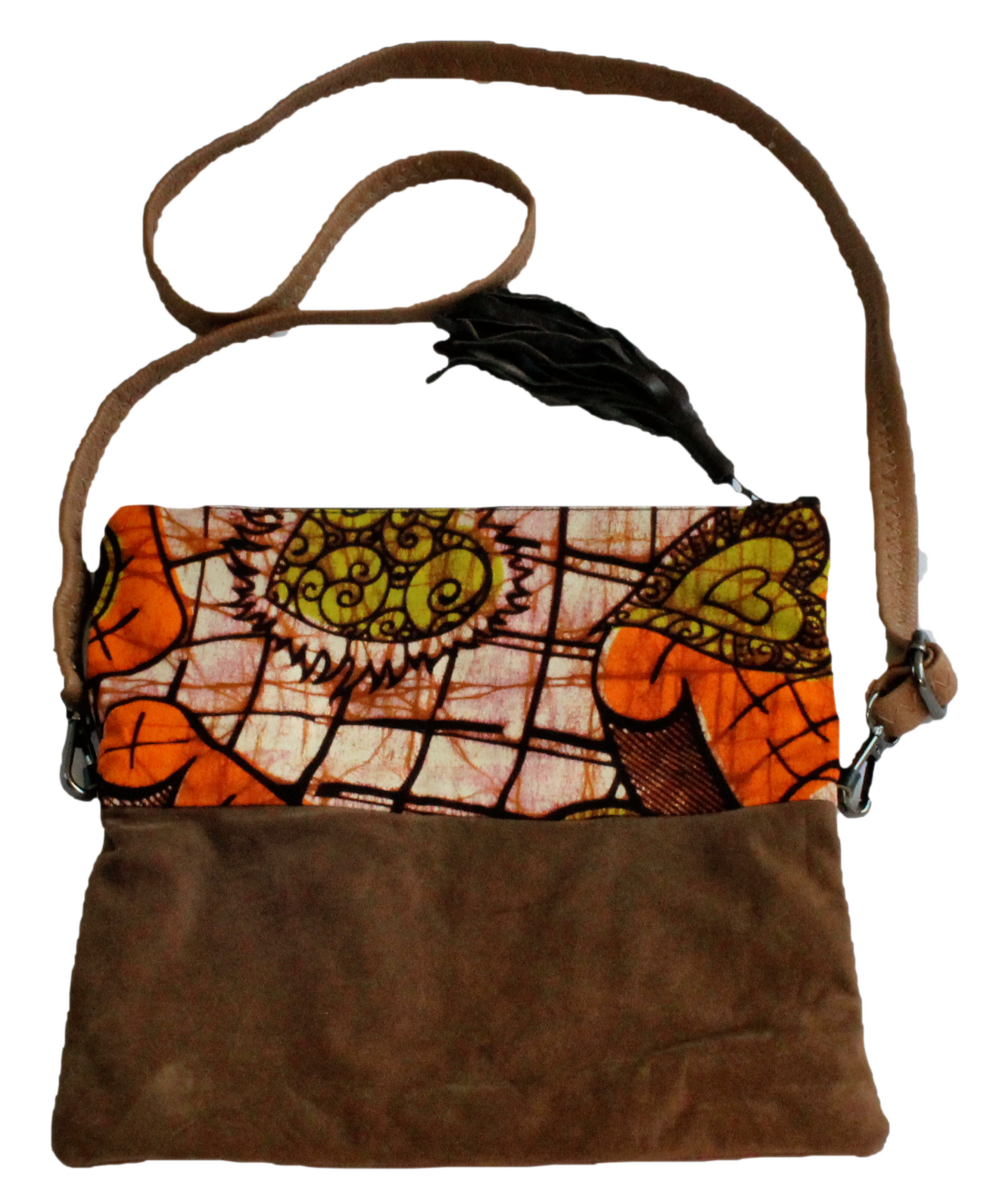 Handmade crossbody bag, upcycled leather, African print, Kitenge fashion, Ankara fashion, brown suede, with strap