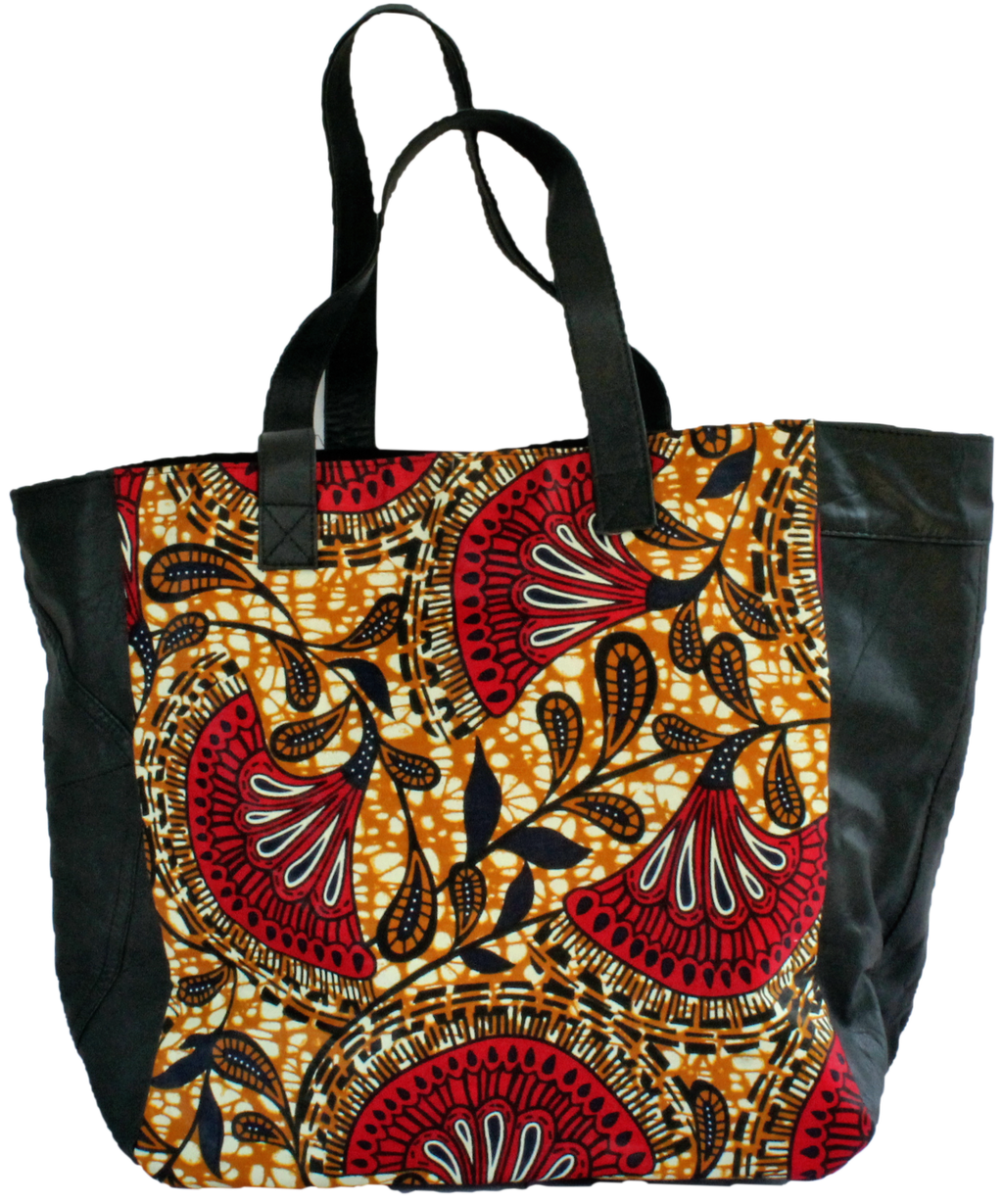 Handmade tote bag, upcycled leather, African print, Kitenge fashion, Ankara fashion, red, black