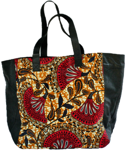 Handmade tote bag, upcycled leather, African print, Kitenge fashion, Ankara fashion, red, black