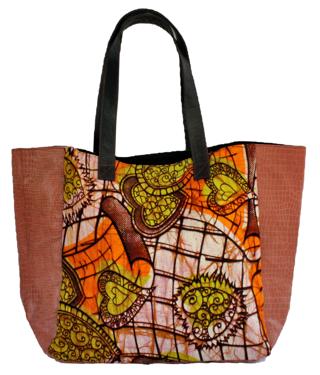 Handmade tote bag, upcycled leather, African print, Kitenge fashion, Ankara fashion, rose gold