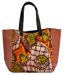Handmade tote bag, upcycled leather, African print, Kitenge fashion, Ankara fashion, rose gold