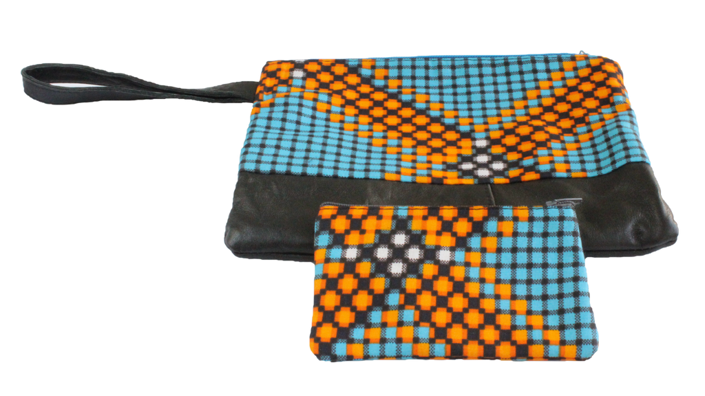 Handmade wristlet with coin purse, recycled, upcycled leather, African print, Kitenge fashion, Ankara fashion, wallet, travel wallet