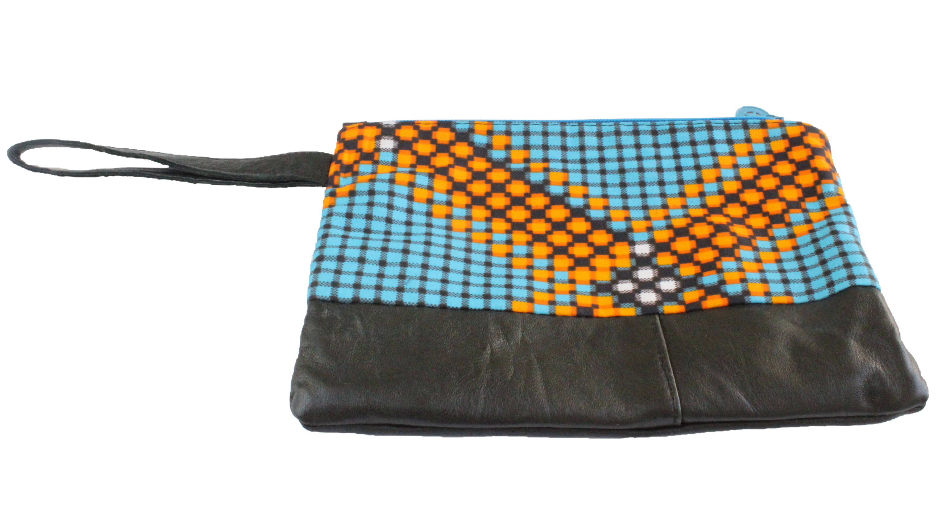 Handmade wristlet with coin purse, recycled, upcycled leather, African print, Kitenge fashion, Ankara fashion, wallet, travel wallet, left
