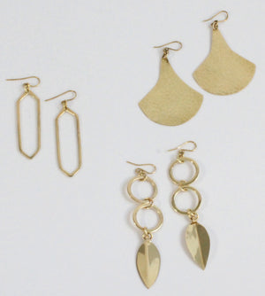3 pairs of African handmade brass earrings
