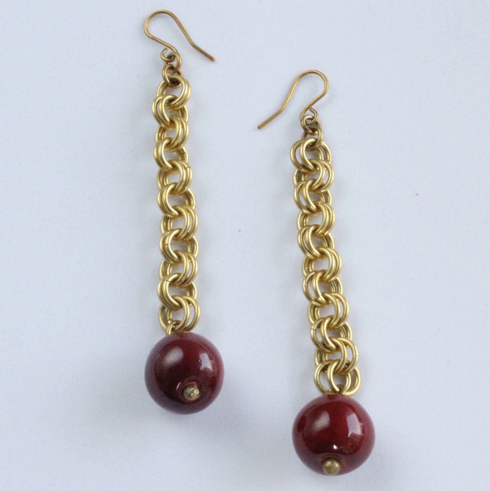 Handmade brass earrings, clay bead, burgundy, double loop chain