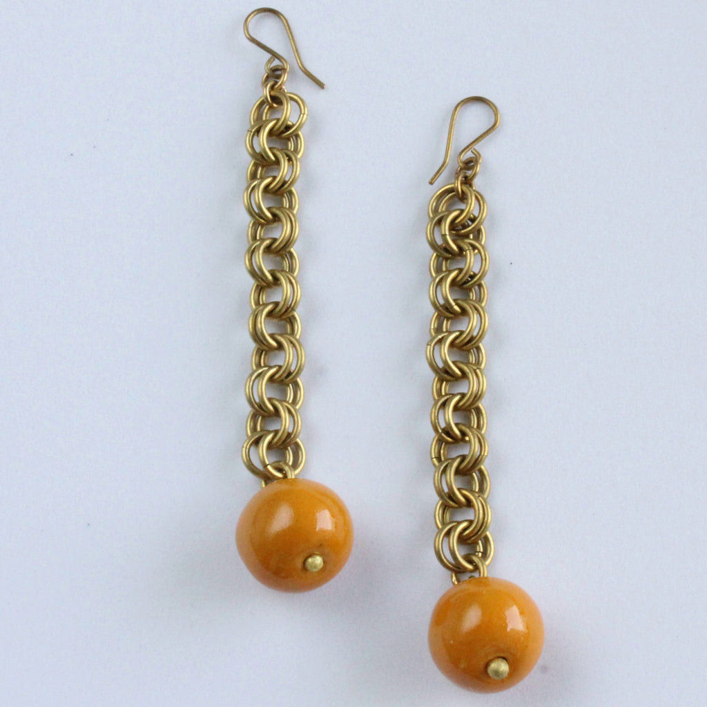 Handmade brass earrings, clay ball, beads, double loop chain