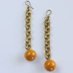 Handmade brass earrings, clay ball, beads, double loop chain