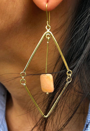 brass earrings, rhodonite, pink stone, upcycled, ear