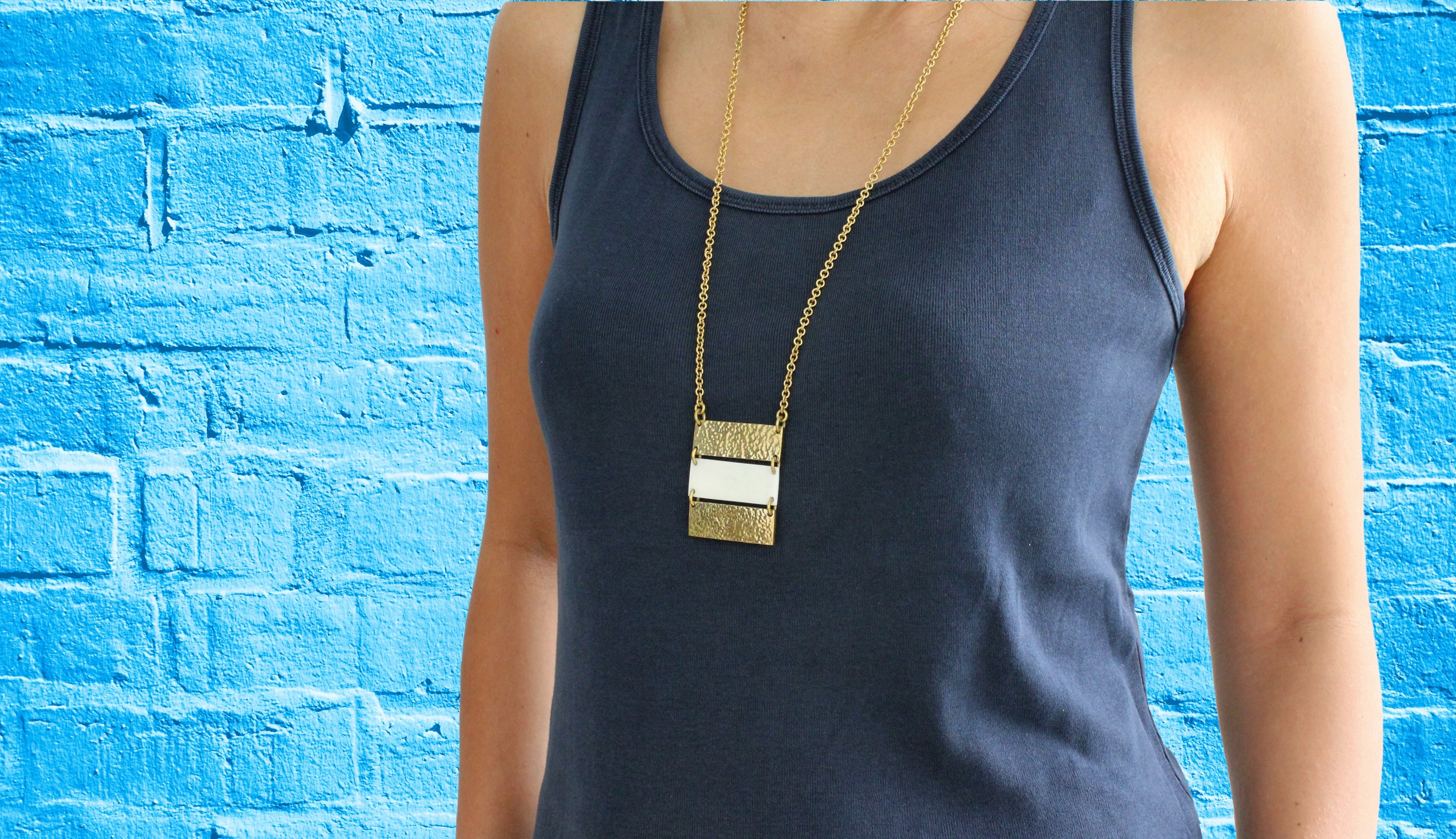 African brass necklace Triple bar with white bone body blue brick