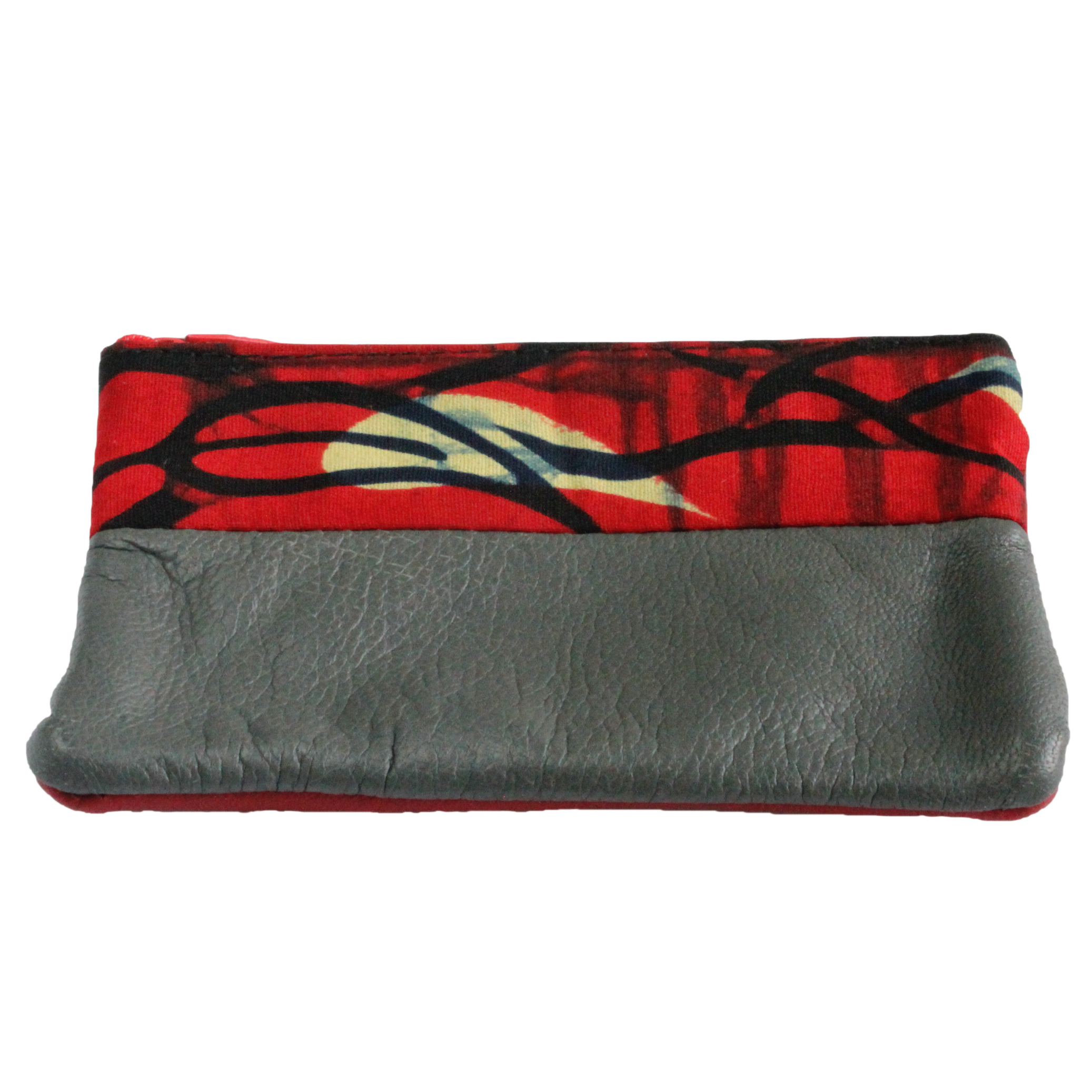 Handmade African coin purse, upcycled leather, African print, Kitenge fashion, Ankara fashion, red, grey, front