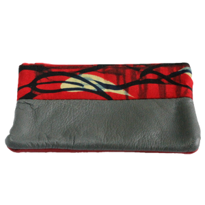 Handmade African coin purse, upcycled leather, African print, Kitenge fashion, Ankara fashion, red, grey, front