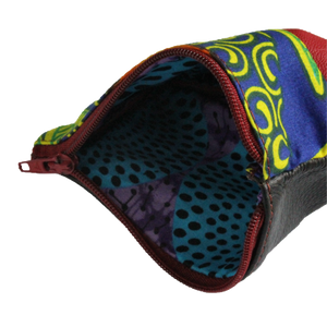 Handmade African coin purse, upcycled leather, African print, Kitenge fashion, Ankara fashion, blue lining