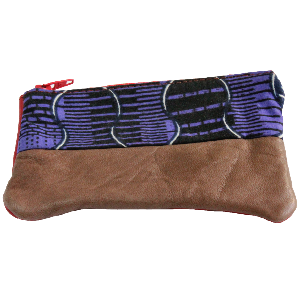 Handmade African coin purse, upcycled leather, African print, Kitenge fashion, Ankara fashion, purple front
