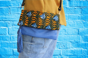 Handmade crossbody bag, upcycled leather, African print, Kitenge fashion, Ankara fashion, blue shoulder bag