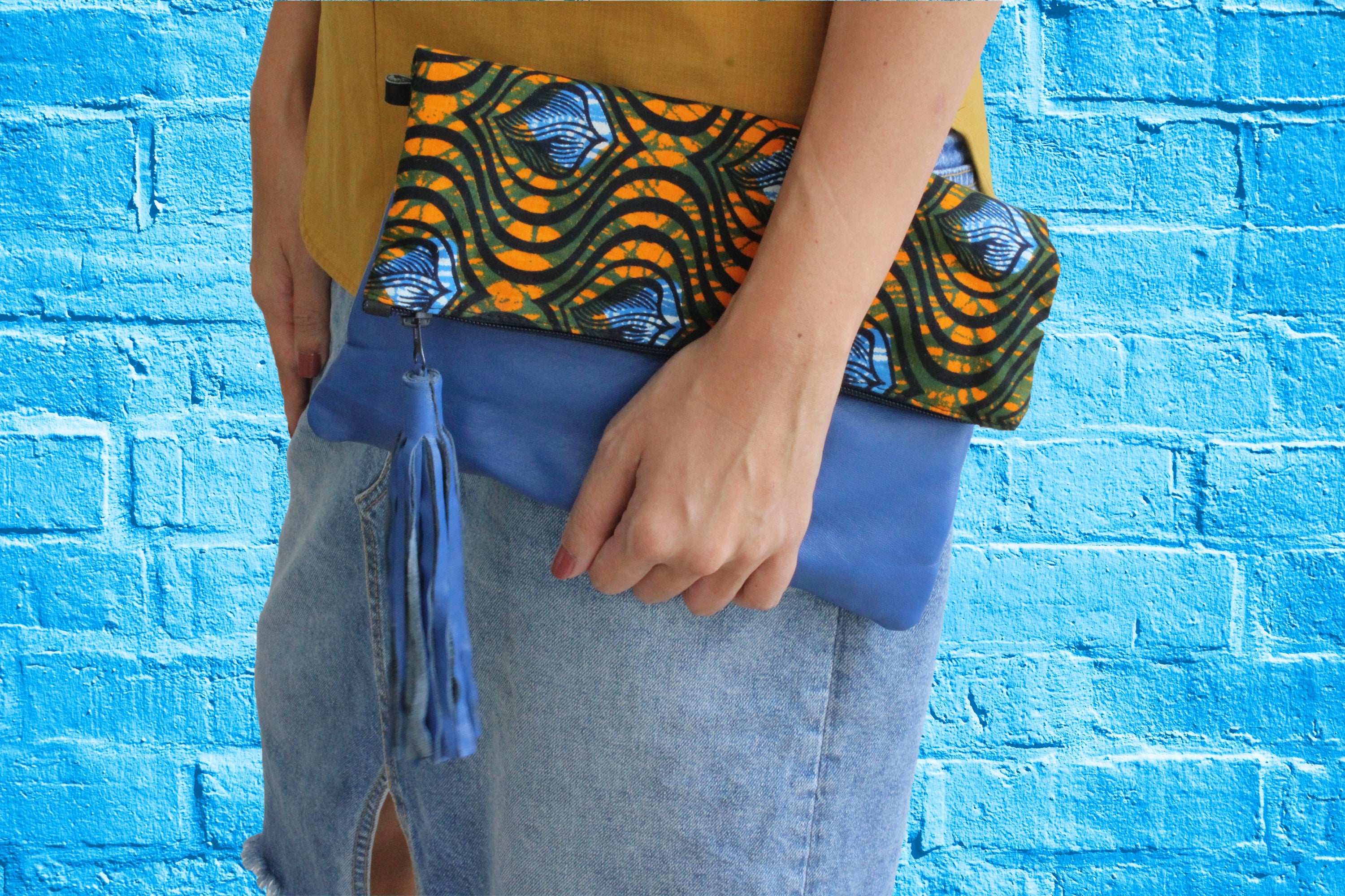 Handmade crossbody bag, upcycled leather, African print, Kitenge fashion, Ankara fashion, blue, clutch