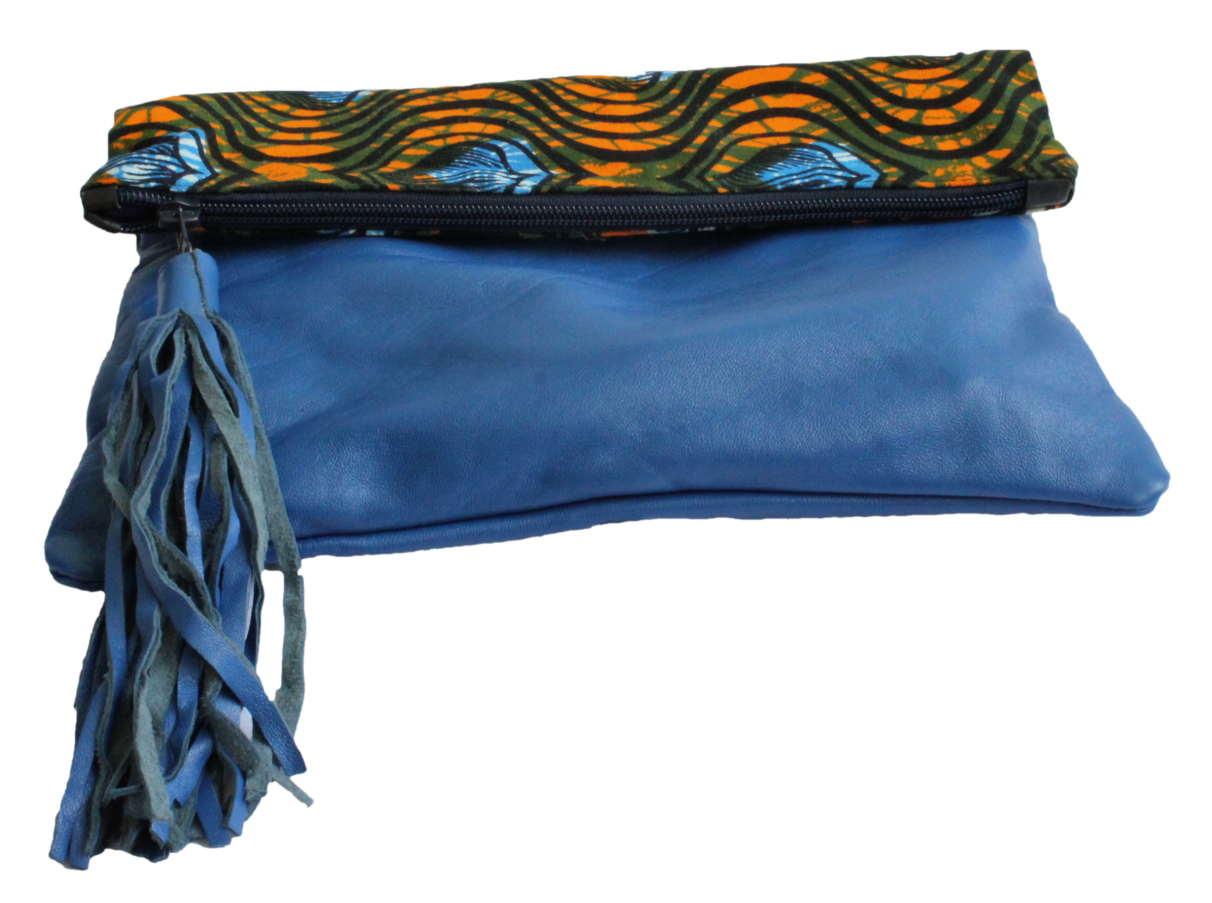 Handmade crossbody bag, upcycled leather, African print, Kitenge fashion, Ankara fashion, blue