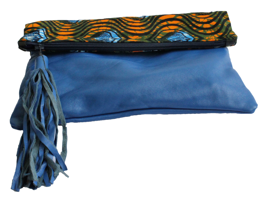 Handmade crossbody bag, upcycled leather, African print, Kitenge fashion, Ankara fashion, blue