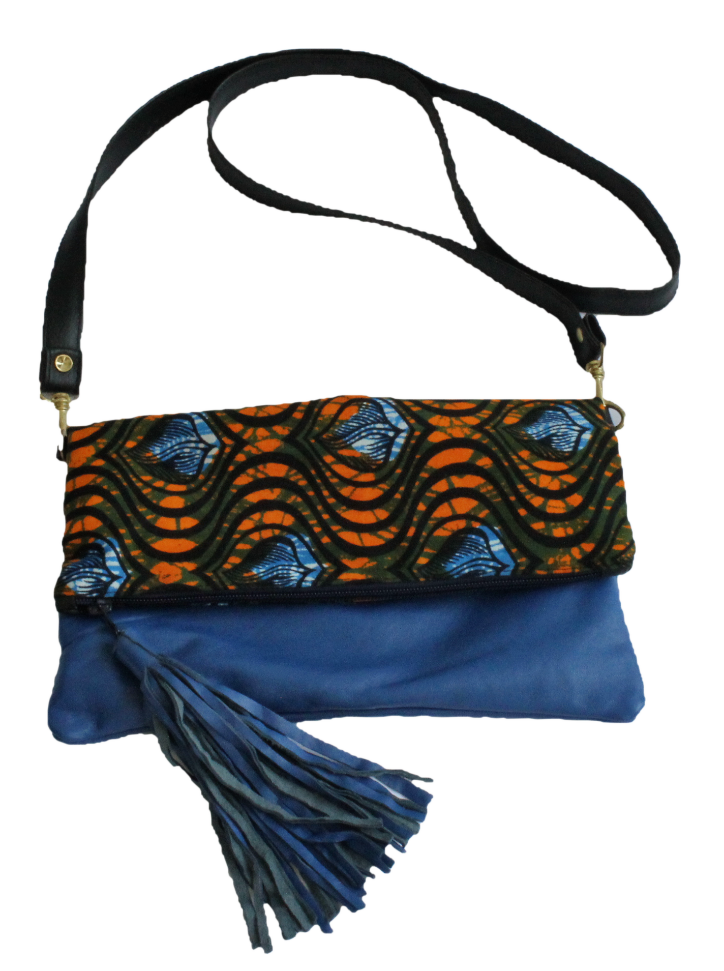 Handmade crossbody bag, upcycled leather, African print, Kitenge fashion, Ankara fashion, blue, with strap