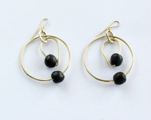 Handmade earrings, brass, black stone, two hoops, African, recycled, upcycled