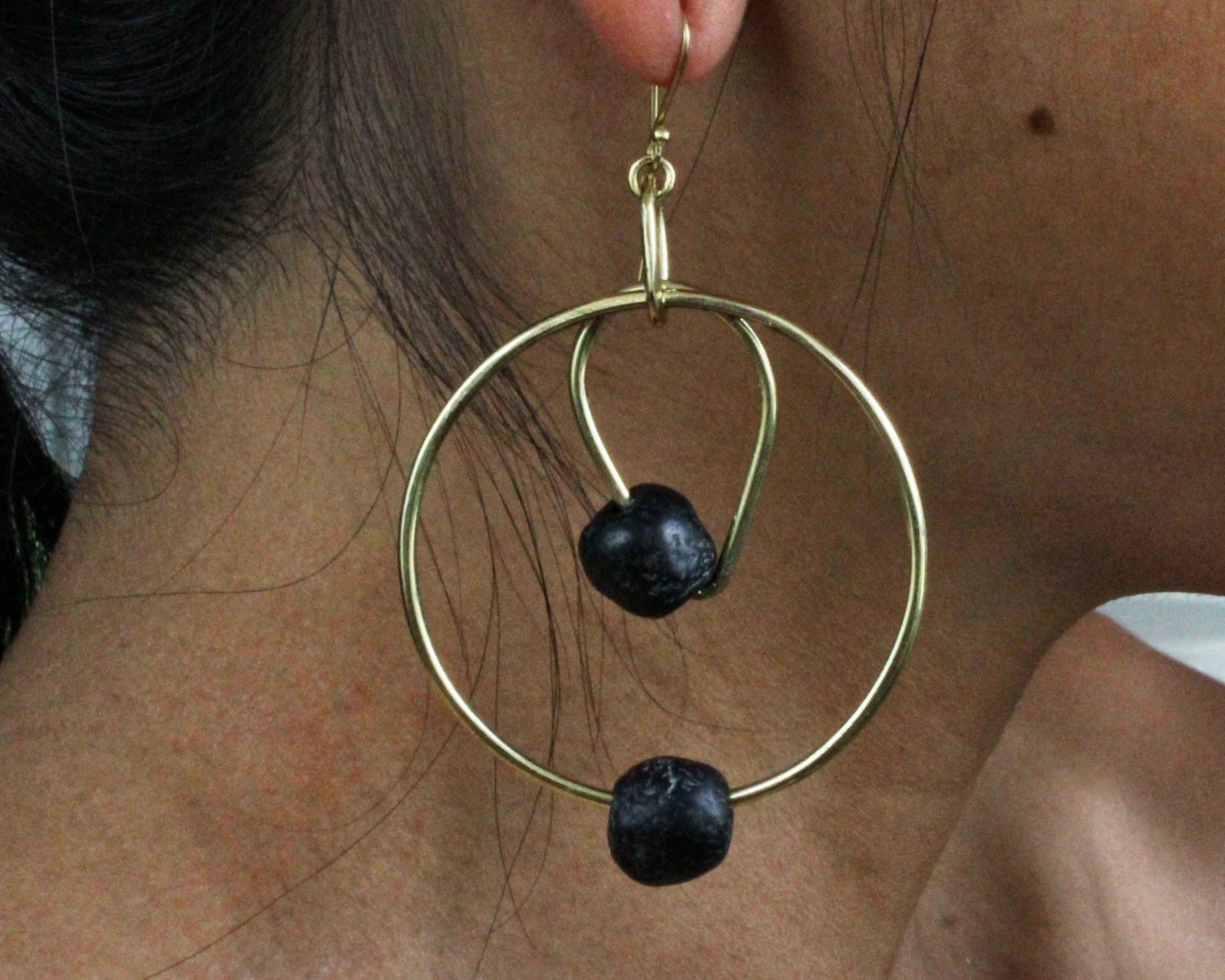 Handmade earrings, brass and black stone, recycled, upcycled, African