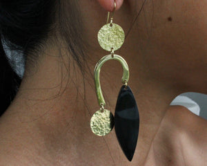 Handmade earrings, brass, hanging from ear, recycled, upcycled, black bone