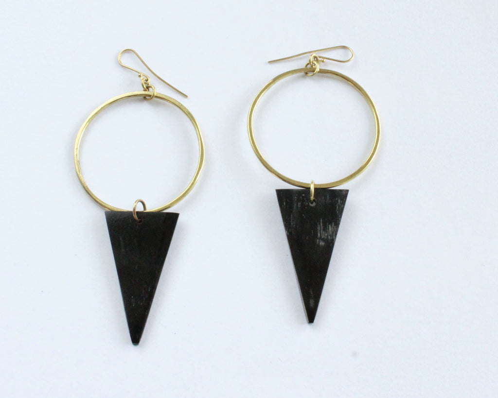 Handmade earrings, brass, black, horn, recycled, upcycled, African, triangle and hoop
