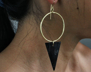 Handmade earrings, African, brass and bone, triangle, black, recycled, upcycled