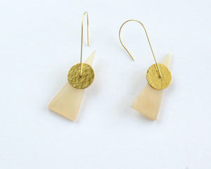 Handmade earrings, brass and recycled bone, white, upcycled, African, large fish hook