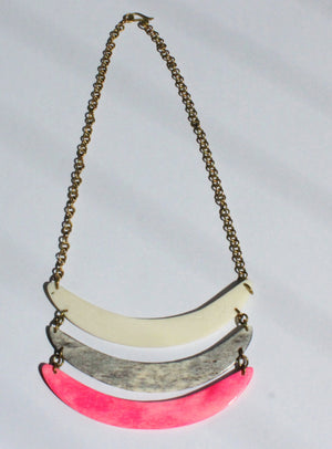 Brass necklace with recycled bone pink grey white