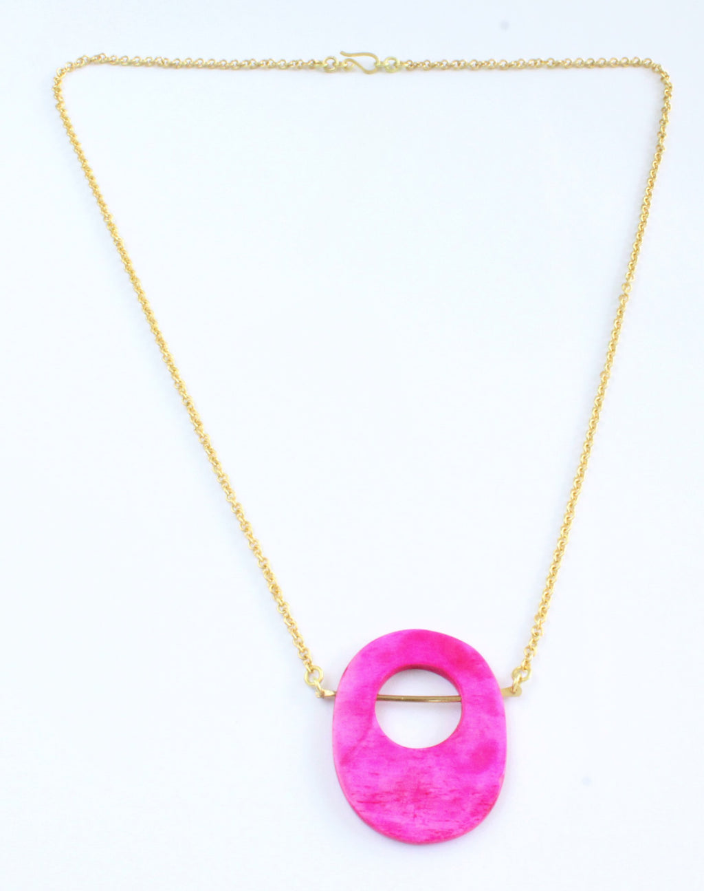 Handmade necklace, pink, brass, recycled, bone