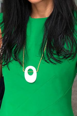 Handmade necklace, white, brass, recycled, bone, green dress
