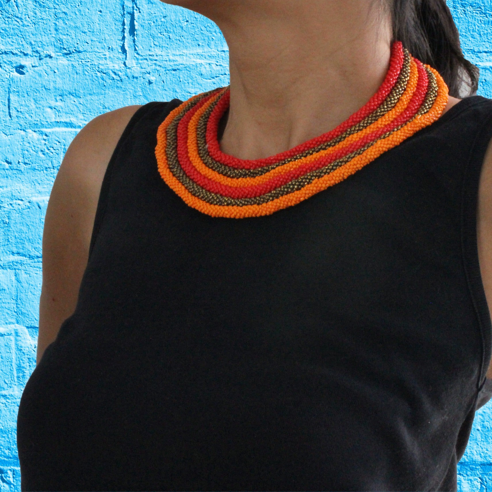 African handmade necklace, beads, multicoloured, neck