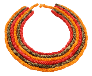 African handmade necklace multilayered beads gold orange red
