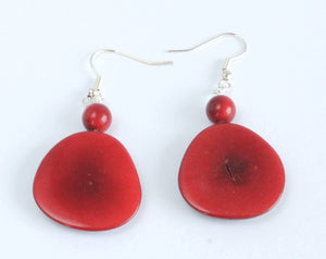 Handmade earring, fish hook, tagua, colourful, red