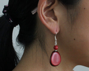 Handmade earring, fish hook, tagua, colourful, red, ear